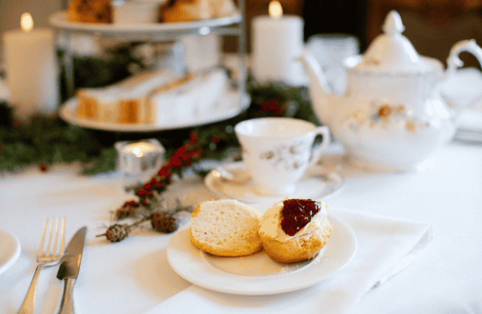 Traditional Christmas afternoon tea featuring tea and freshly baked scones at Berwick Lodge, Bristol