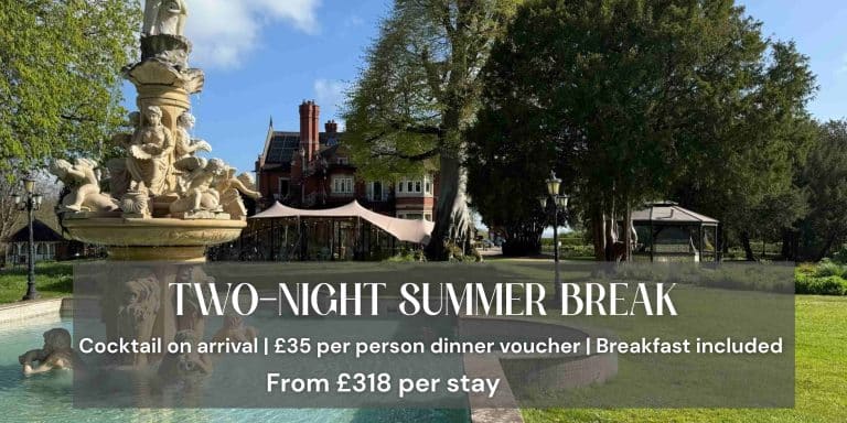 Berwick Lodge and its tranquil gardens with the central fountain in view, set against a peaceful country house backdrop just outside Bristol, capturing the essence of a two-night break in Bristol.