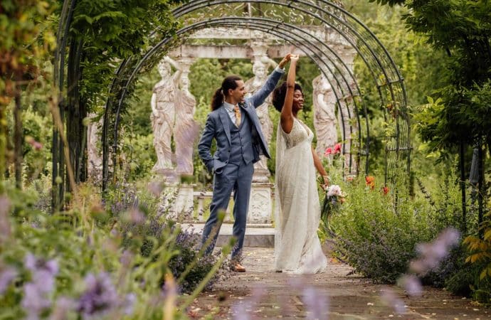 Newly wed couple outside at Berwick Lodge